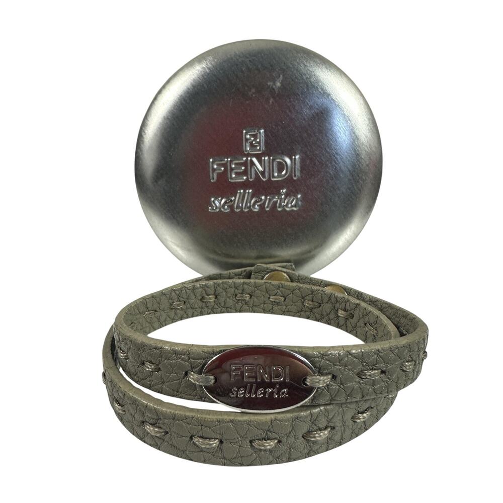 Fendi Gray Leather Selleria Wrap Bracelet 8in Silver Tone Logo Snap W/ Case
